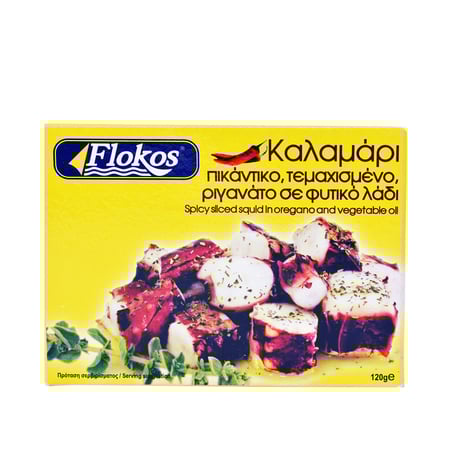 Flokos Spicy sliced squid in oregano / Καλαμάρι πικάντικο, τεμαχισμένο, ριγανάτο σε φυτικό λάδι 120g