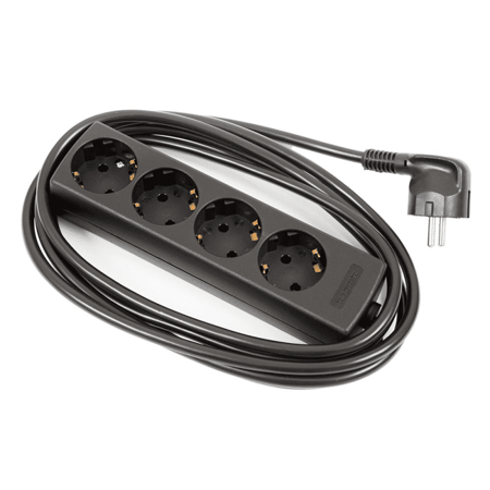 EU Extension Lead 4-socket, Black, 5-metre