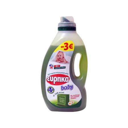 EUREKA Baby Laundry Liquid Detergent with Soap, Olive Oil & Chamomile 1,8lt (36μεζ.) / ΕΥΡΗΚΑ Υγρό Απορρυπαντικό Ρούχων με Σαπούνι Λάδι Ελιάς & Εκχύλισμα Βιο Χαμομηλιού